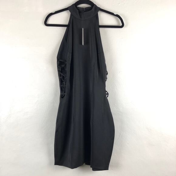 Capulet Black High Mock Neck Cut Out Side Sleeveless Cocktail Bodycon Mini Dress - Picture 1 of 10